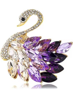 Rachel Silver Mor Zirkon Taşlı Altın Renk Kuğu Broş