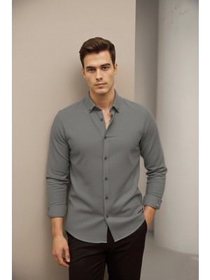 Bürke Keten Dokulu Gri Yarım Oversize Yazlık Erkek Gömlek