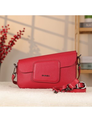 Kırmızı Renk Çift Bölmeli Deri Çanta - 40414 , Hakiki Deri , Omuz Askılı