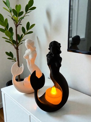 Todekora Deniz Kızı Tealight Mumluk Seti 2’li Siyah Beyaz | Dekoratif Mermaid Mum Tutucu