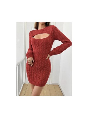 Kadın Uzun Kollu Yarı Balıkçı Yaka Pencere Göğüs Detay Mini Triko Elbise