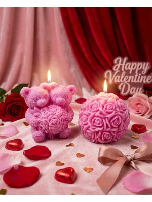 Raw Home Sevgililer Günü Hediyesi Pembe Çilek Kokulu 2’li Mum Seti – Çift Ayıcık Figürlü & Gül Küre Romantik