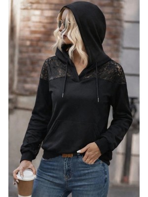 Kadın Uzun Kollu Kapşonlu Bağcıklı Dantelli Viskon Iki Iplik Bluz