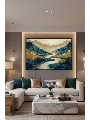 Safir Design Lüks Yeşil ve Sarı Doğa Manzarası Duvar Sanatı | Modern Çerçeveli Tablo
