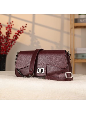 Bordo Renk Zincirli Stil Deri Çanta - 40387 , Orijinal Deri , Omuz Askılı Bayan Deri Çanta