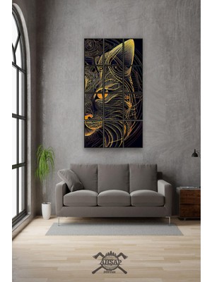 Pi Dekorasyon 12 Parça Çizgisel Kedi Çerçeve Görünümlü Mdf Tablo Duvar Süsü Hediyelik Eşya (45CM x 85CM)