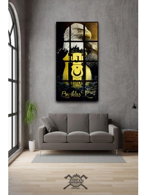 Pi Dekorasyon 12 Parça Kartal Sarı Çerçeve Görünümlü Mdf Tablo Duvar Süsü Hediyelik Eşya (45CM x 85CM)