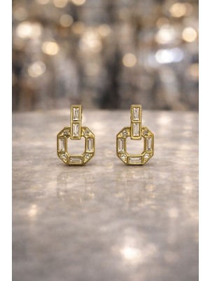 Nora Vıp 14K Geometrik Taşlı Altın Küpe Gold