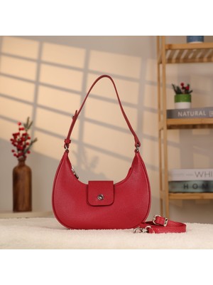 Kırmızı Renk / Oval Stil Deri Çanta - 40420 , Orijinal Deri , Omuz Askılı Çanta , Bayan Çanta