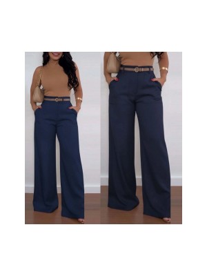 Kadın Yüksek Bel Geniş Paça Detaylı Cepli Ithal Krep Pantolon