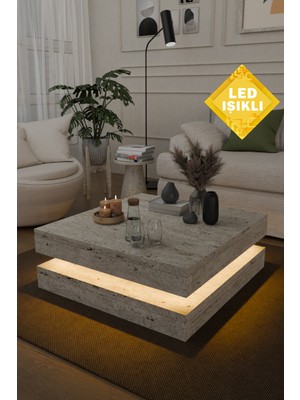 Estoria Home Terra LED Işıklı Traverten Desen Kare Orta Sehpa Modern Tasarım 2 Katlı Orta Sehpa Dekoratif  Sehpa