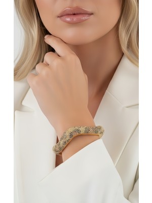 Eva Takı Store Leopar Asimetrik Taşlı Gold Kelepçe Bileklik