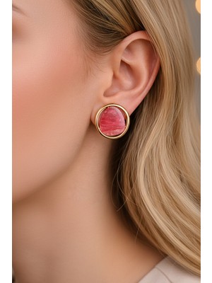 Sassy Takı Pembe Simli Sedefli Taşlı Gold Küpe