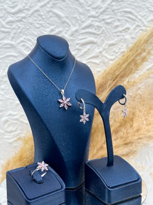 Livora Jewelry 925 Ayar Gümüş Pembe Kuvars Taşlı Lotus Çiçeği Modeli 3’lü Kadın Takı Seti