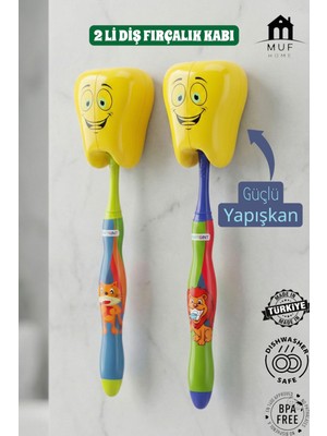 Muf Home 2'li Gülen Diş Figürlü Yapışkanlı Diş Fırçası Kabı - Duvar Tipi Hijyenik Banyo Düzenleyici & Koruyucu Organizer
