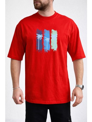 Caddekombin Erkek Üç Blok Palmiye Baskılı Bisiklet Yaka Kırmızı T-Shirt