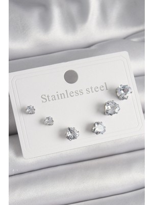 Kaia Life 316L Çelik Gümüş Renk Zirkon Taşlı Kalp Model Kadın Küpe Seti