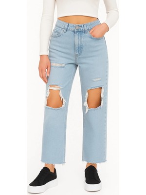 Madame Melek Kesik Paçalı Ithal Kumaş Likrasız Yırtıklı Geniş Paça Kot Pantolon