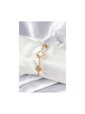 Erbilden Erb 316L Çelik Zincir Zirkon Taşlı Yonca Beyaz Kadın Bileklik