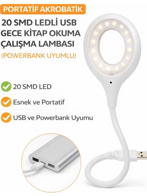 Ecuy Portatif Akrobatik USB LED Okuma ve Çalışma Lambası 20 Smd LED Powerbank Uyumlu 5000K Doğal Işık