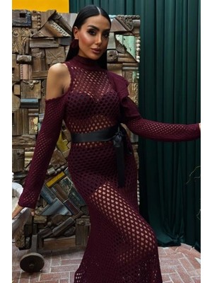 Saten Kuşaklı Ajurlu Triko Elbise 2847