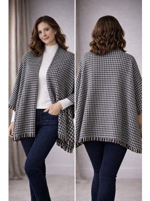 Hayalet Yünlü Soft Kareli Kaz Ayağı Desenli Mevsimlik Panço