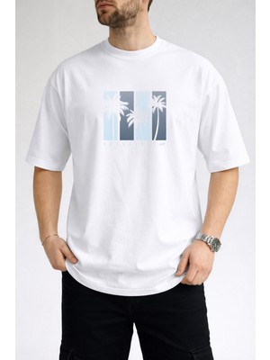 Caddekombin Erkek Good Vibes Yazılı Palmiye Ağacı Baskılı Bisiklet Yaka Beyaz T-Shirt