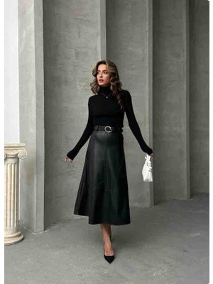 Topshow Deri Kemerli Midi Etek