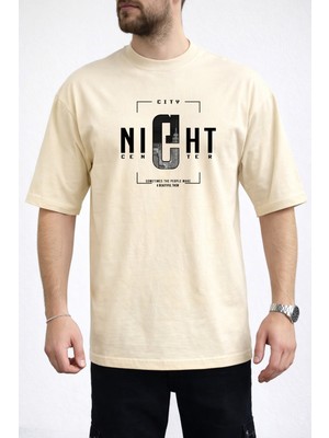 Caddekombin Erkek Night Center Yazı Baskılı Bisiklet Yaka Bej T-Shirt