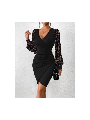 Kadın Uzun Kollu Pul Payetli Kruvaze Yaka Yandan Düğmeli Kısa Ithal Krep Elbise