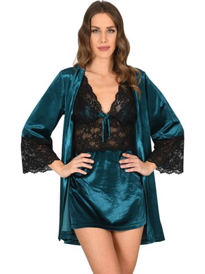 İlkyaz Fashion Ieg™ Petrol Yeşili Kadife Sabahlık & Gecelik Takım 2' Li - 1443