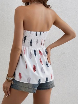 Nova Epoxy Art Kadın Yaprak Desenli Göğsü Gipeli Mosskrep Straplez Bluz