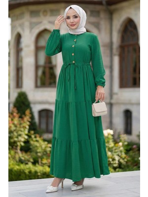 Büzgülü Düğmeli Bağcıklı Ayrobin Elbise Yeşil HM268811
