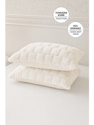 Evien Home Kürklü Peluş 2'li Yastık Kılıfı 50x70 cm Benita Yumuşak Supersoft Dekoratif Wellsoft Kırık Beyaz