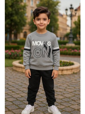 Erkek Çocuk Eşofman Takımı Moving On Baskılı Gri/yeşil Günlük Spor Takım