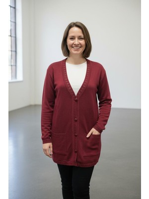 Lanze Triko Düğmeli Hırka Kırmızı Düz Desenli Akrilik Kumaş Kadın Büyük Beden