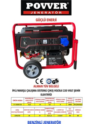 Power LT10000 En 10,6 Kva Ipli Marşlı Benzinli Jeneratö