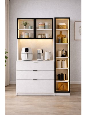 Setay Vitrinli Ünite, Laetus Kahve Köşesi + Çok Amaçlı Raflı Temperli Cam Kapaklı Dolap - Beyaz