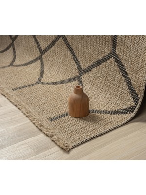 Türkeri Halı India Serisi Doğal Jüt Geometrik Desenli Halı – Modern Bej Siyah Dekoratif Halı