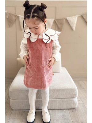 Retro Kalp Cepli Kadife Elbise ve Gömlek Takım Pembe