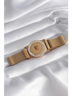 Kaia Life 316L Çelik Gold Renk Mıknatıslı Hasır Zirkon Taşlı Çeyrek Altın Model Kadın Bileklik