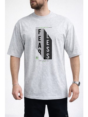 Caddekombin Erkek Fearless Yazı Baskılı Petek Dokulu Bisiklet Yaka Gri T-Shirt