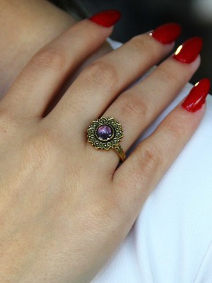 Esha Store Doğal Taş Ametist Yuvarlak Doğal Taşlı Antik Ayarlanabilir Kadın Yüzük EUY92AMT