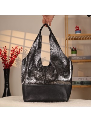 Siyah-Parlak ve Safari Stil Deri Çanta - 40158 , Cüzdanlı Çanta , Omuz Askılı , Hakiki Deri