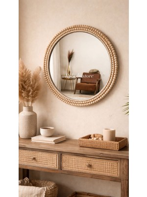 Ahşap Boncuklu Yuvarlak Ayna 35CM & Dresuar Ayna & Konsol Ayna