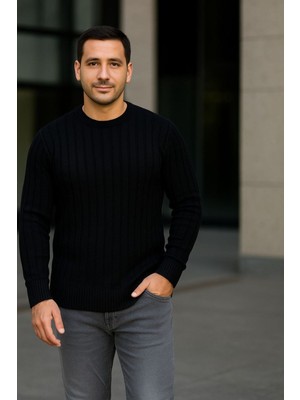 Lara Giyim Erkek Yuvarlak Yaka Kazak Rahat Tam Kalıp Sıfır Saka Fitilli Siyah