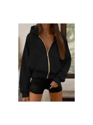 Kadın Uzun Kollu Kapşonlu Fermuarlı Önden Cep Detaylı Şardonlu Iki Iplik Ceket