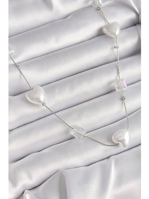 Nuveden Ieg™ Pirinç Gümüş Renk Beyaz Inci Kalp Model Kadın Kolye NVDN-RSBJT34