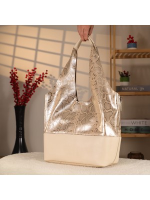 Altın Renk Safari Desenli - Soft Stil Deri Çanta - 40158 , Orijinal Deri