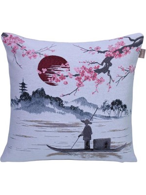 Believe Sakura ve Gün Batımı Jakarlı Dokuma Goblen Dekoratif 45*45 Kırlent